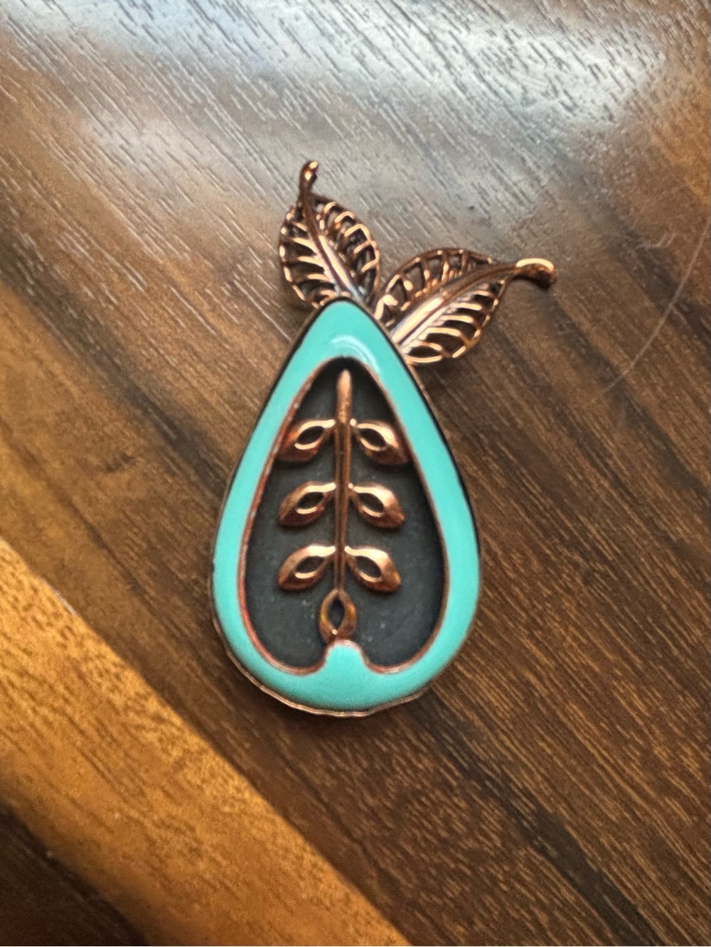 Matisse 1950’s Teardrop Leaf Pin in Copper & Turquoise enamel